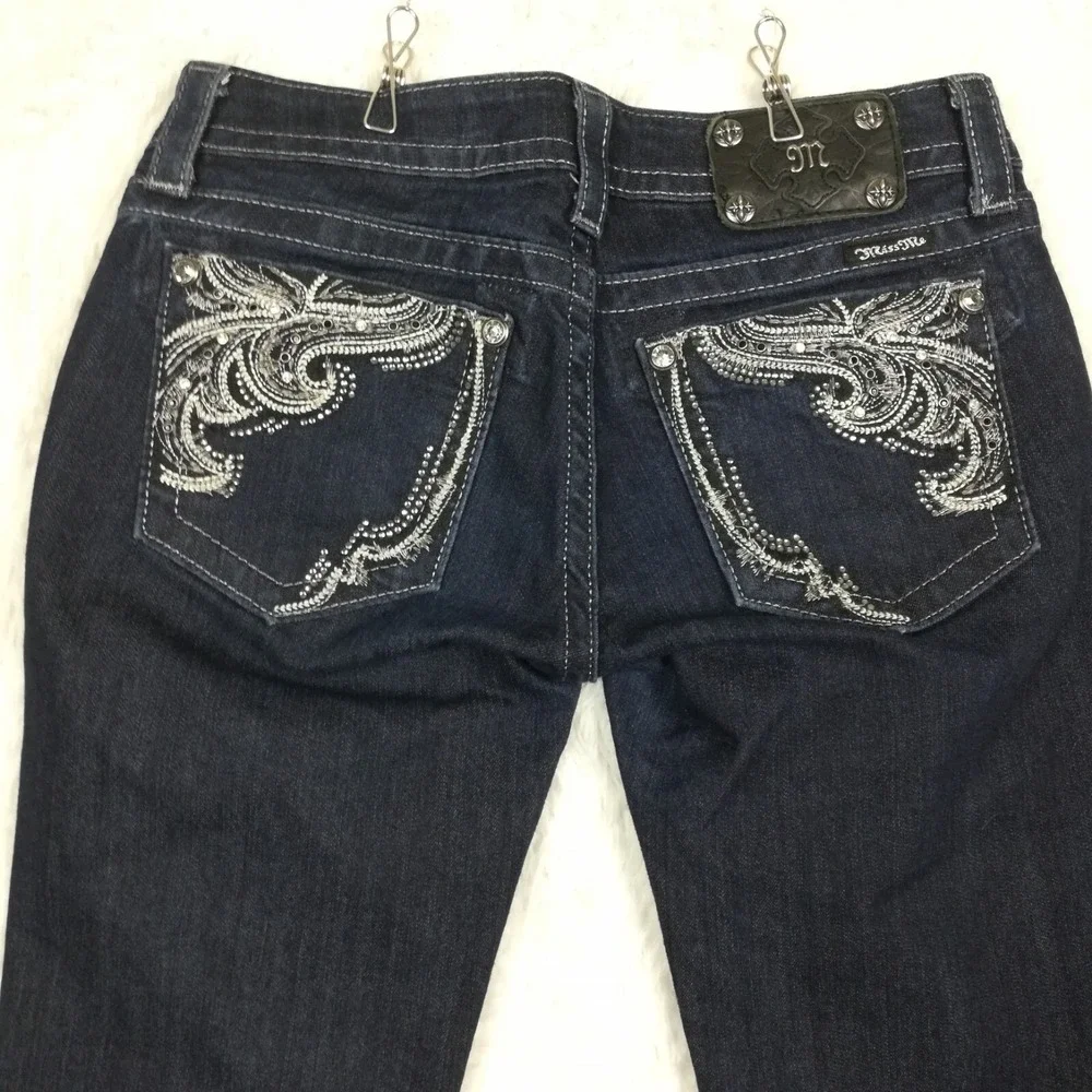 Miss Me Womens Jeans Straight Leg Blue Denim Dark Wash‎ Jeweled Rhinestone 28